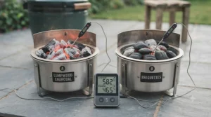 A graphic illustration comparing the rapid ignition time and high peak heat of lumpwood charcoal.