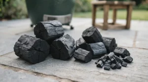 A wooden board displaying sorted pieces of lumpwood charcoal, showing a mix of large chunks and smaller pieces for even airflow.
