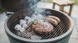 Thin, clean blue smoke rising from natural lumpwood charcoal cooking thick cuts of meat outdoors.