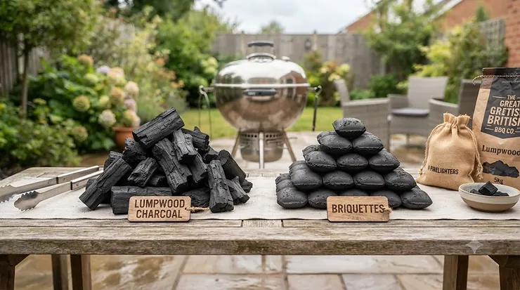 Side-by-side comparison of lumpwood charcoal and barbecue briquettes on a wooden garden table in the UK. lumpwood charcoal vs briquettes