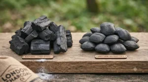 Comparison of natural British lumpwood charcoal chunks and BBQ briquettes on a wooden table.
