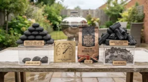 Infographic comparing the value and performance of lumpwood charcoal versus briquettes for UK barbecues.