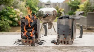 Barbecue starter chimney showing lumpwood charcoal igniting faster than briquettes.