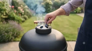 Adjusting smoker vents to control airflow when using large lumpwood charcoal for low-and-slow cooking.