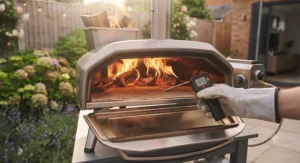 Infrared thermometer checking the high surface temperature of the baking stone inside a dual fuel oven.