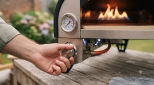 Turning the control dial to ignite the burner flame inside an affordable outdoor gas pizza oven.