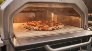 Close-up view of a professional pizza stone inside a combination oven showing even heat distribution for crispy crusts.