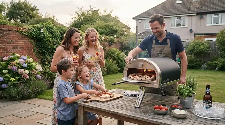 A portable charcoal pizza oven set up on a patio in a British garden, ready for outdoor cooking. portable charcoal pizza oven