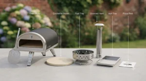 Labeled components of a portable charcoal pizza oven, showing the stone, fuel tray, and adjustable chimney vent.