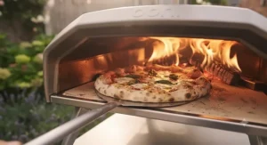 Compact dual fuel pizza oven set up on a wooden patio table in a garden setting during a British summer evening.