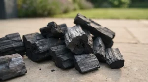 Close-up of large hardwood lumpwood charcoal pieces designed for steady heat and clean smoking.