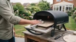 Removable cordierite pizza stone being wiped clean inside a low-cost portable gas pizza oven.