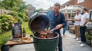 Glowing restaurant-grade charcoal for BBQ in a British garden grill, providing high heat for alfresco cooking.