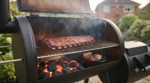 Smoker barbecue loaded with ribs, maintaining a steady low heat using long-burning coconut shell briquettes.