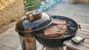 Smoke rising from a kettle BBQ set up for slow-cooking with British charcoal and wood smoke.