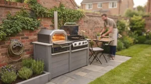 A compact 2-in-1 combination pizza oven and BBQ unit ideal for space-saving in smaller British gardens.
