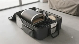 A compact portable charcoal pizza oven packed down and fitted with a weatherproof cover for storage.