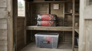 Bag of Weber briquettes stored safely in a dry garden shed, ready for unpredictable British weather.