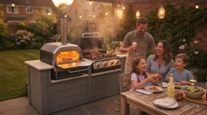 Cosy British garden setting featuring a combination pizza oven and BBQ glowing during a summer evening dinner.