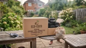 Eco-friendly packaging and natural coconut shell briquettes displayed for sustainable outdoor cooking enthusiasts.
