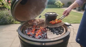 Arranging large lumpwood charcoal for a two-zone indirect cooking setup in a kettle barbecue.