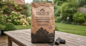 Heavy-duty paper bag of sustainable hardwood lumpwood charcoal for outdoor pizza ovens.