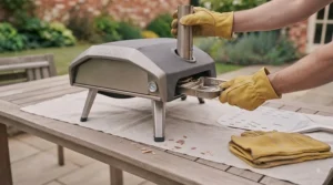 A compact charcoal pizza oven fitted with a durable, waterproof outdoor cover for protection against British weather.