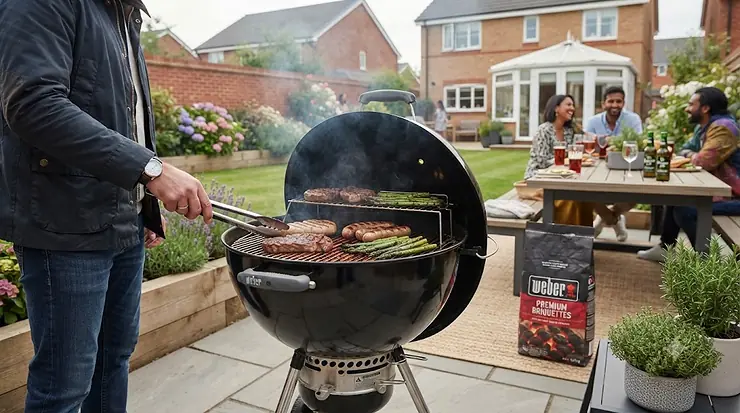 Review of Weber briquettes on a British patio, showing long-lasting burn time and steady heat for UK garden barbecuing. Weber briquettes review