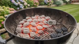 Thermometer reading high, steady heat output across Weber briquettes in a kettle barbecue.