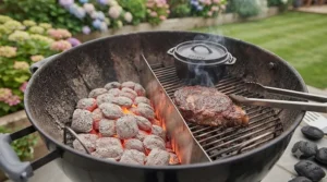 Two-zone indirect cooking setup using Weber briquettes arranged for roasting joints of meat.
