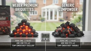 Summary layout comparing Weber briquettes performance, burn duration, and value for money in the UK market.