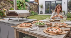 A fitted waterproof cover protecting an outdoor electric pizza oven during the cooler UK months.