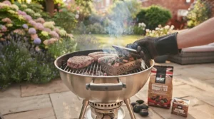 Adding smoking wood chunks to glowing briquettes for authentic smoky flavour at a home BBQ.