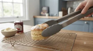 Stainless steel silicone tipped tongs carefully handling warm pastries fresh from the oven.