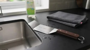 A wide spatula for burgers being used on a flat-top griddle alongside melting cheese
