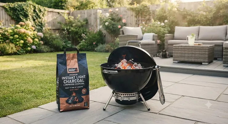 A box of the best instant light charcoal next to a glowing British garden barbecue ready for cooking. best instant light charcoal