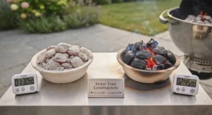 Burn time comparison showing how long lumpwood lasts versus instant light charcoal.