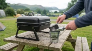 Properly extinguishing and clearing away ash from a portable camping BBQ before leaving the pitch.
