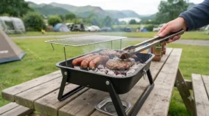 British sausages and burgers sizzling on a hot camping barbecue grill outdoors.