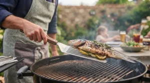 Turning a whole sea bass on a charcoal barbecue grill using a slotted metal spatula