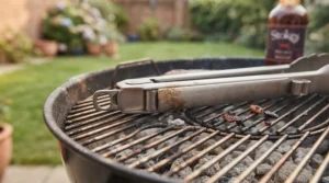 A detailed shot of the robust, brushed stainless steel construction of the locking tongs, emphasising their durable, long-lasting build quality and rust resistance for outdoor cooking.