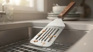 Dishwasher-safe metal fish slice resting on a clean kitchen counter