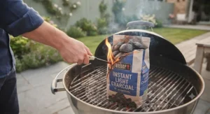 Convenient instant light charcoal ready for a quick and easy British garden barbecue.