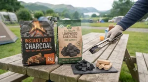Sustainable and quick-igniting instant light charcoal bags stacked for outdoor cooking.