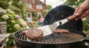 Ergonomic stainless steel BBQ spatula with an integrated bottle opener being used on a hot grill.