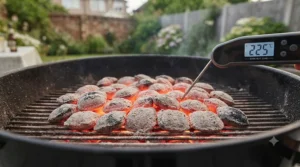 Close-up of glowing long-lasting briquettes for BBQ providing steady, even heat for a family weekend grill.