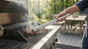 Extra-long handle BBQ tongs demonstrating extended reach over a large charcoal barbecue setup.