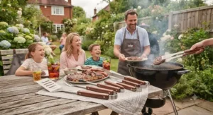 Family enjoying alfresco dining in a British garden with a premium BBQ tool set close to the grill.