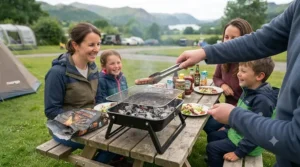 A family gathered around a portable barbecue enjoying a hot meal on a UK camping holiday.