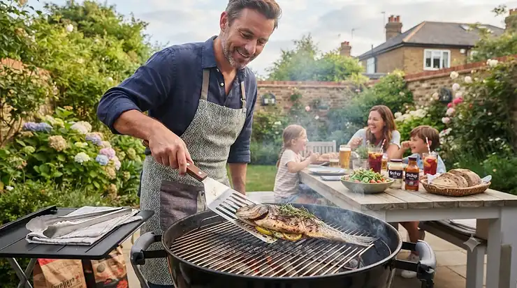 Stainless steel fish spatula for BBQ on a smoking garden grill fish spatula for BBQ